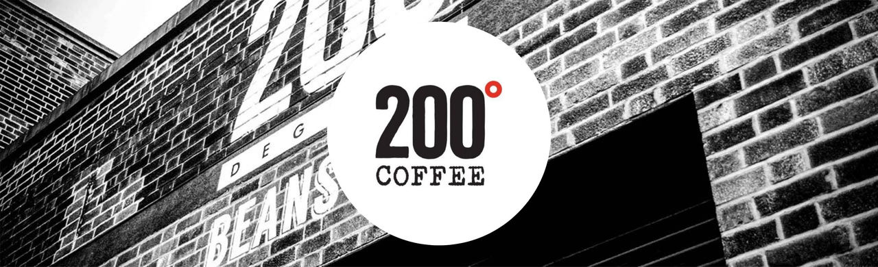 200 Degrees logo and brick building's facade that reads '200 DEGREES - BEANS IN'.