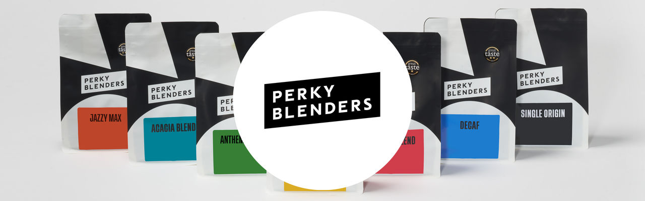 Decaf, Coffee of the Month, Forest Blend and Single Origin coffee bags and Perky Blenders logo.