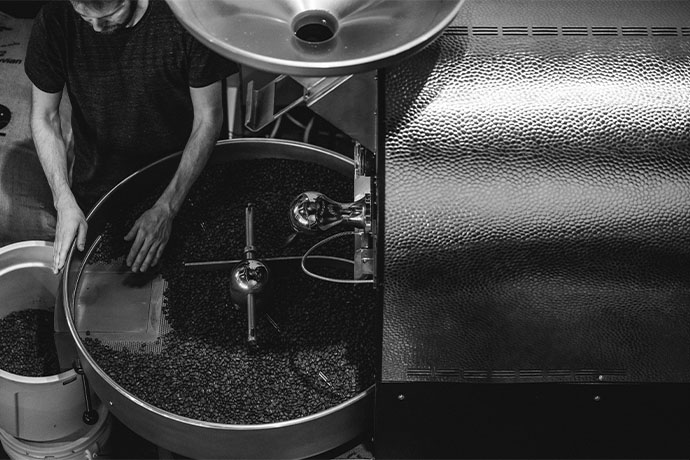 Overhead of Color Coffee Roasters' hopper (black and white).