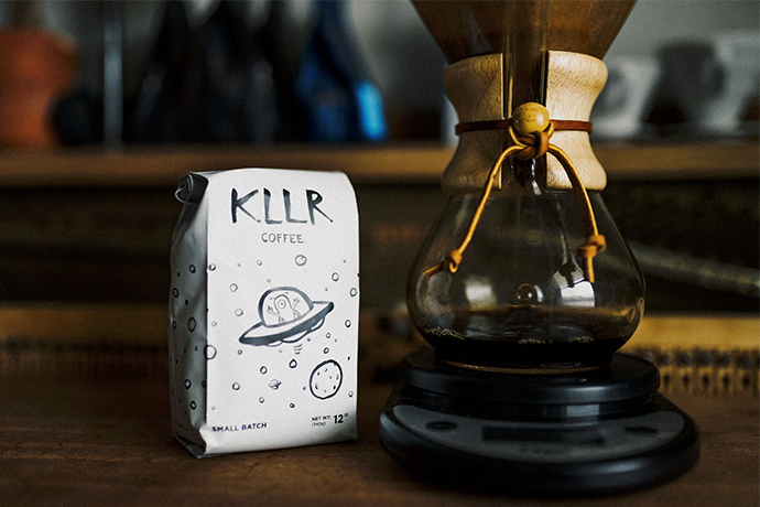 KLLR Coffee beans bag with a Chemex pourover brewer.